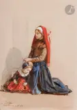 Béarnaise en prière et sa fille by Isidore Pils, 1872, Aquarelle gouachée sur traits de crayon noir, sold May 2020