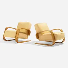 Tank chairs model 37/400, pair by Alvar Aalto, 1936, birch plywood, cotton blend upholstery, sold Nov 2021