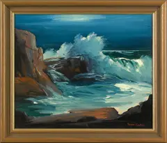 coastal scene titled "Storm Light by Roger William Curtis, oil on board, sold Mar 2008