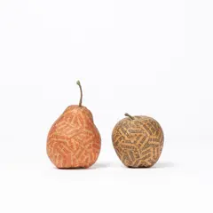 Apfel und Birne by Jiří Kolář, 1969, 2 Objekte: Jeweils Kunststoff-Frucht mit Papier collagiert, sold Sep 2026