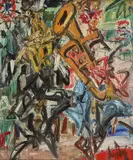 14 juillet, duo de musiciens - Circa 1955 by Gen Paul, Huile sur toile, sold Jul 2020