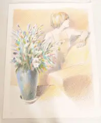 Seated Woman with Vase of Flowers by Adrian George, print, offered Mar 2016