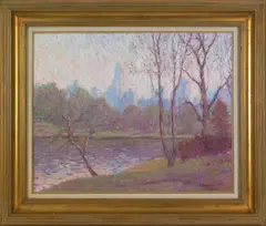 landscape titled "Central Park Spring by Laurence A. Campbell, oil on canvas, sold Oct 2007