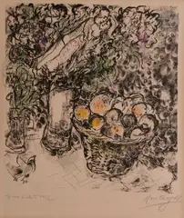 Couple au panier de fruits by Marc Chagall, 1967, Lithographie en couleurs, sold Apr 2020