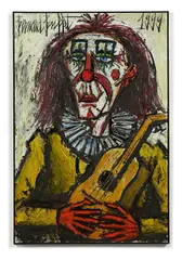 Clown guitariste by Bernard Buffet, 1999, Huile sur toile, sold Dec 2020