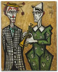 Deux clowns trompette by Bernard Buffet, 1989, Huile sur toile, sold Dec 2020