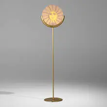 Floor lamp by Piero Fornasetti, c. 1995, gold leaf over steel and wood, reverse-painted and frosted glass, sold Aug 2023