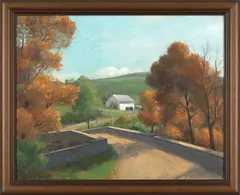 landscape titled verso "Bittner's Corner Bridge by John E. Berninger, oil on board, sold Mar 2007