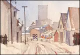 Snowy Village / City Scene (verso) by Toni Onley, 1952, double-sided watercolour on paper, sold Feb 2013