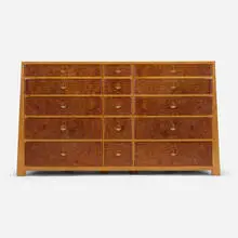 Fifteen cabinet by John Makepeace, c. 2000, elm burl, English cherry, bronze, sold Oct 2021