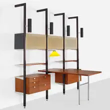 CSS (Comprehensive Shelving System) by George Nelson & Associates, 1959, enameled aluminum, aluminum, walnut, steel, enameled steel, linen, plastic, sold Oct 2021