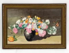 Flowers in a vase with bees and a butterfly by Paul de Longpré, Still life watercolor, sold Nov 2024