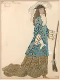 Projet de costume pour la Belle au bois dormant, acte III by Léon Bakst, 1921, Aquarelle, crayon et rehauts de gouache blanche, or et argent sur papier, sold Mar 2019