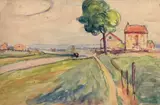 Champs, deux maisons et un arbre sur la droite by Albert Gleizes, 1908, Aquarelle et crayon sur papier, sold Mar 2019