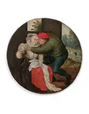 Qui s'y frotte s'y pique ", illustration d'un proverbe flamand by Pieter Brueghel le Jeune, Huile sur panneau de chêne, une planche, de forme ronde, sold Mar 2019