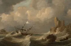Navire par gros temps by Allaert van Everdingen, Huile sur panneau de chêne, deux planches,, sold Feb 2019