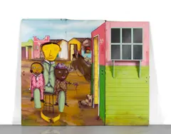 La Marialva no estaba en casa el dia del teatro de titeres by Os Gêmeos, 2008, Acrylique, peinture aérosol et miroirs sur trois portes en bois assemblées, sold May 2019