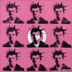 Sid Vicious-2000 by Banksy, Pochoir, peinture aérosol et acrylique sur toile, sold May 2019