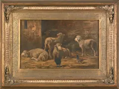 barn scene by Albert Charpin, oil on panel, sold Oct 2006