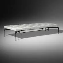 Bridger daybed by Ty Best, c. 2000, bronzed steel, leather, sold Oct 2021