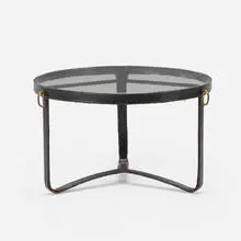 Coffee table by Jacques Adnet, c. 1950, saddle-stitched leather, brass, glass, sold Oct 2021