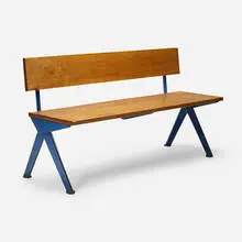 Bench from the Electricité de France, Marcoule by Jean Prouvé, c. 1954, oak, lacquered steel, sold Oct 2021