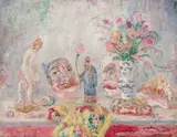 Vase, statuette, masques et coquillages by James Ensor, 1935, Huile sur panneau, sold Jun 2019