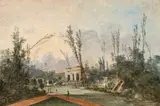 Vue animée d'un parc avec un pavillon néoclassique by dit l'Aîné Louis-Gabriel Moreau, Aquarelle gouachée, sold Sep 2019