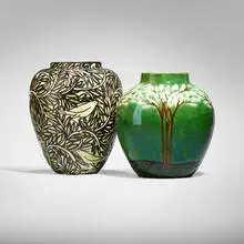 Vases, set of two by Max Laeuger, c. 1900, 1925, glazed earthenware with squeeze-bag decoration, sold Aug 2023