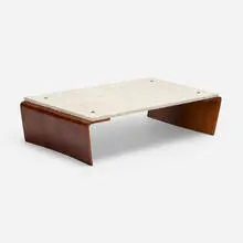 Romana coffee table by Jorge Zalszupin, c. 1965, travertine, cocobolo, brass, sold Oct 2021