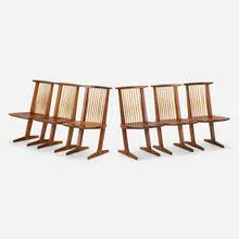 Conoid chairs, set of six by George Nakashima, 1980, American black walnut, hickory, sold Oct 2021