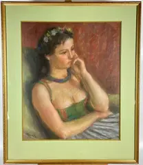Jeune fille pensive by Pierre Deval, Pastel sur papier, sold Apr 2022