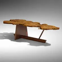 Minguren II coffee table by George Nakashima, 1985, maple burl, American black walnut, sold Oct 2021