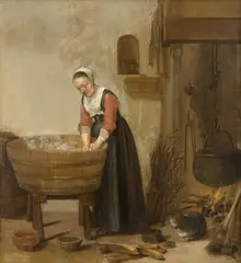 Lavandière et son chat près du foyer by Bartholomeus Molenaer, Huile sur panneau de chêne, deux planches, sold Nov 2019