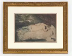 A nude woman laying down by Manuel Robbe, Etching aquatint, sold Oct 2025