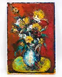A vase of flowers on a table by David Nemerov, Oil on canvas, sold Oct 2025