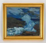 A landscape with waves crashing against rocks by Abram Molarsky, Oil on board, sold Oct 2025