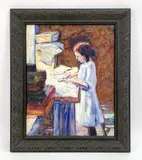 A young woman standing in the library and reading a book by Wood Gaylor, Oil on canvas, sold Nov 2025
