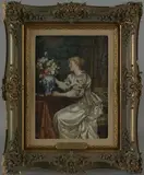 portrait titled "Girl with Flowers by Tito Conti, oil on canvas, sold Oct 2005