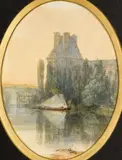 Le pavillon de Marsan, près du Louvre by Félix Ziem, Aquarelle sur trait de plume de forme ovale, sold Jun 2010