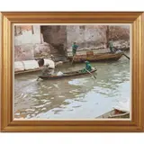 Canal Scene with Sampans by Xue Jian Xin, Oil on canvas, sold Dec 2014