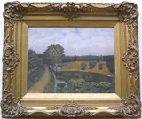 on artistboard landscape with farm by John Dillon, oil, sold May 2005