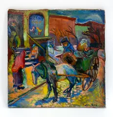 A man on a cart being pulled by a horse by Fanny Rocker Block, Oil on canvas, sold Feb 2026