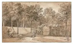Vue du jardin d'Arcueil : la terrasse de l'Orangerie, au nord, avec le talus du parc de haute futaie by Jean-Baptiste Oudry, Crayon noir et craie blanche sur papier bleu, sold Mar 2018