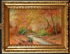 Forêt en automne by Auguste Allongé, Toile marouflée sur carton, technique mixte, sold Mar 2022