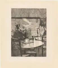 Herr mit Zylinder vor einem Kaffeehausfenster – in Rückenansicht by Lesser Ury, 1923, Radierung auf imitiertem cremefarbenem Bütten, sold Aug 2026