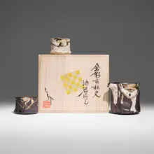 Sake set by Tomita Hiroyuki, c. 2015, glazed and gilt stoneware, sold Oct 2026