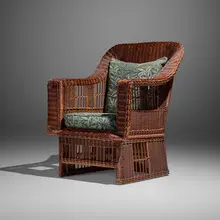 Armchair by Stickley-Audi, c. 2000, willow wicker, upholstery, sold Oct 2026