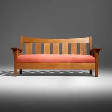 Drop-arm settle, model 263 by L. & J.G. Stickley, c. 1913, oak, upholstery, sold Oct 2026