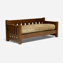 Drop-arm settle, model 570 by Limbert, c. 1910, oak, upholstery, sold Oct 2026